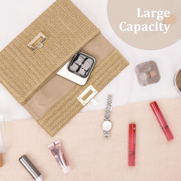 Straw Woven Clutch Purse for Women with Detachable Chain Strap Beach Party Date - Picture 4 of 7